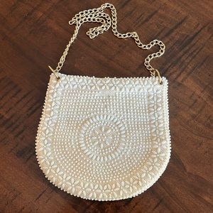 Vintage Mr. Jonas ivory beaded evening handbag bag purse gold chain Hong Kong